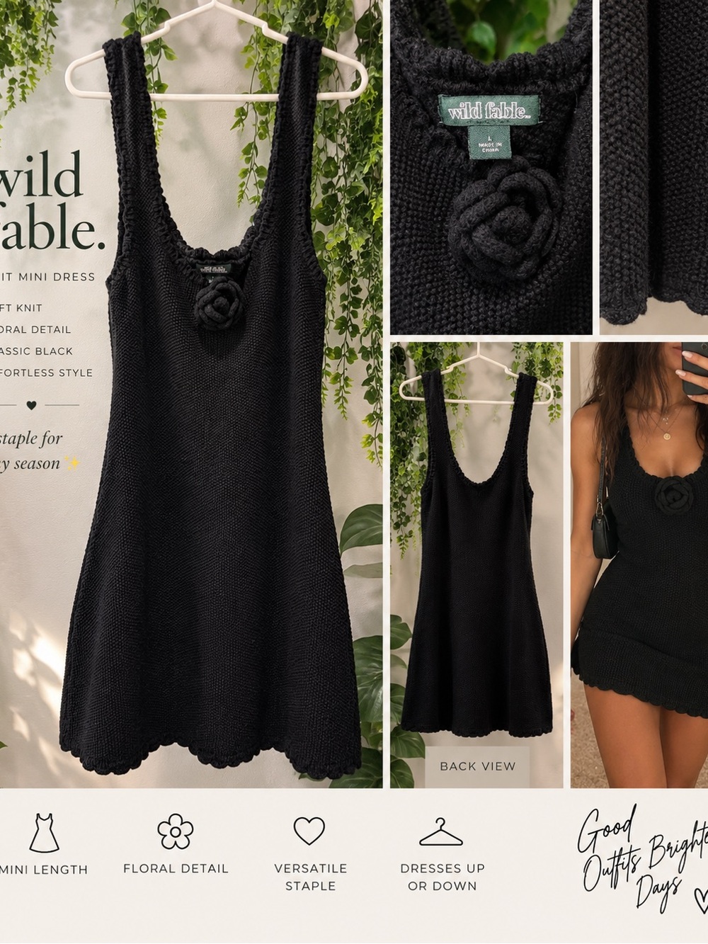 wild fable Black Knit Floral-Applique Mini Tunic
